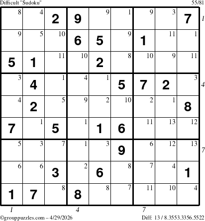 The grouppuzzles.com Difficult Sudoku puzzle for Wednesday April 29, 2026, suitable for printing, with all 13 steps marked