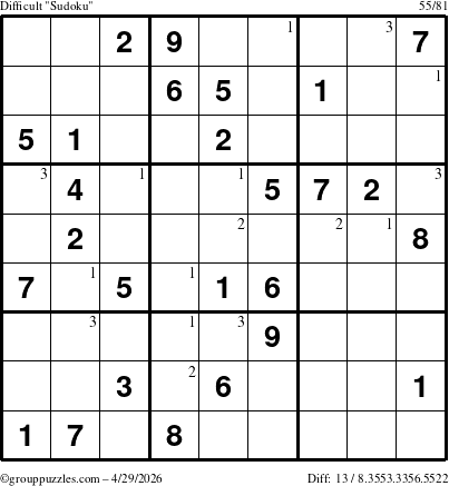 The grouppuzzles.com Difficult Sudoku puzzle for Wednesday April 29, 2026 with the first 3 steps marked