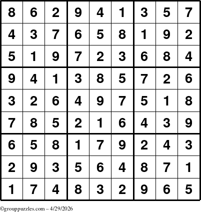 The grouppuzzles.com Answer grid for the Sudoku puzzle for Wednesday April 29, 2026