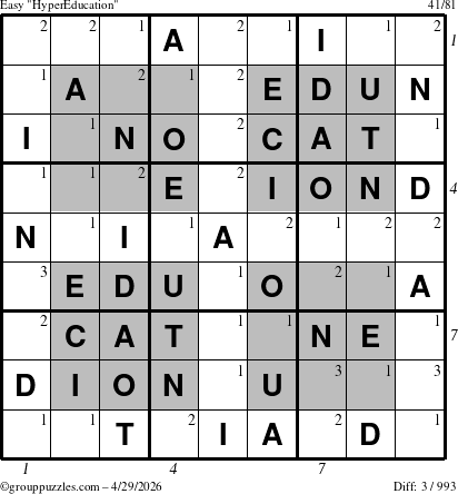 The grouppuzzles.com Easy HyperEducation-i23 puzzle for Wednesday April 29, 2026, suitable for printing, with all 3 steps marked