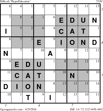 The grouppuzzles.com Difficult HyperEducation-i23 puzzle for Wednesday April 29, 2026, suitable for printing, with all 14 steps marked