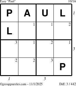 The grouppuzzles.com Easy Paul puzzle for Saturday November 1, 2025, suitable for printing, with all 3 steps marked