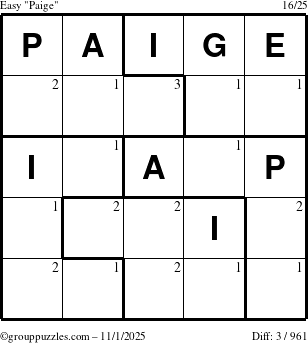 The grouppuzzles.com Easy Paige puzzle for Saturday November 1, 2025 with the first 3 steps marked