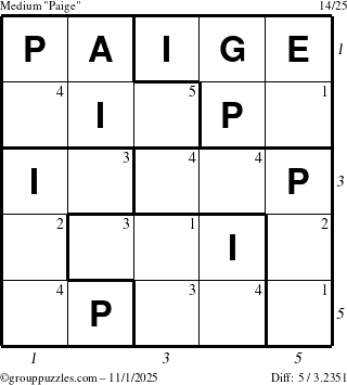 The grouppuzzles.com Medium Paige puzzle for Saturday November 1, 2025, suitable for printing, with all 5 steps marked