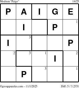 The grouppuzzles.com Medium Paige puzzle for Saturday November 1, 2025 with the first 3 steps marked