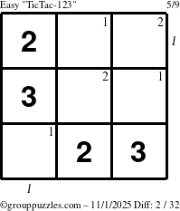 The grouppuzzles.com Easy TicTac-123 puzzle for Saturday November 1, 2025, suitable for printing, with all 2 steps marked