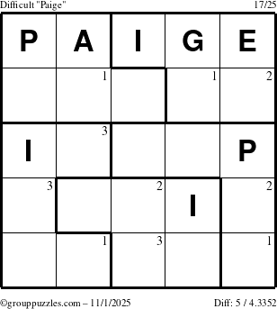 The grouppuzzles.com Difficult Paige puzzle for Saturday November 1, 2025 with the first 3 steps marked