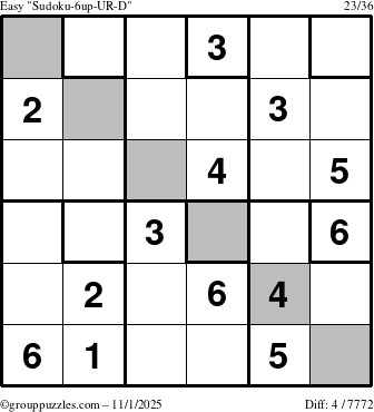 The grouppuzzles.com Easy Sudoku-6up-UR-D puzzle for Saturday November 1, 2025