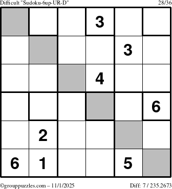 The grouppuzzles.com Difficult Sudoku-6up-UR-D puzzle for Saturday November 1, 2025