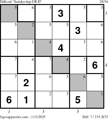 The grouppuzzles.com Difficult Sudoku-6up-UR-D puzzle for Saturday November 1, 2025, suitable for printing, with all 7 steps marked