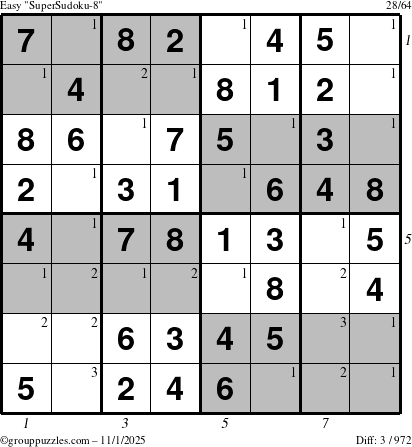 The grouppuzzles.com Easy SuperSudoku-8 puzzle for Saturday November 1, 2025, suitable for printing, with all 3 steps marked