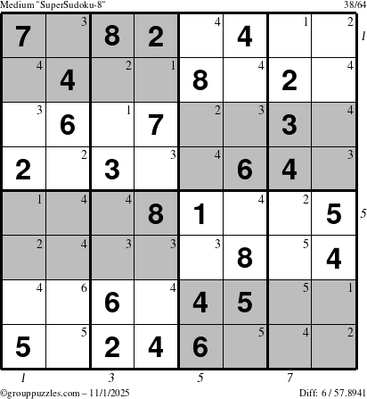 The grouppuzzles.com Medium SuperSudoku-8 puzzle for Saturday November 1, 2025, suitable for printing, with all 6 steps marked