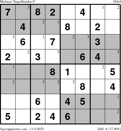 The grouppuzzles.com Medium SuperSudoku-8 puzzle for Saturday November 1, 2025 with the first 3 steps marked