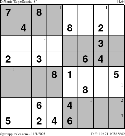 The grouppuzzles.com Difficult SuperSudoku-8 puzzle for Saturday November 1, 2025 with the first 3 steps marked