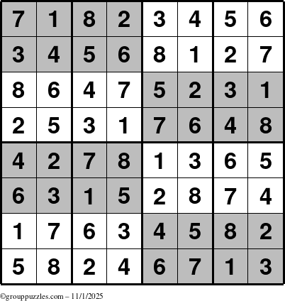 The grouppuzzles.com Answer grid for the SuperSudoku-8 puzzle for Saturday November 1, 2025
