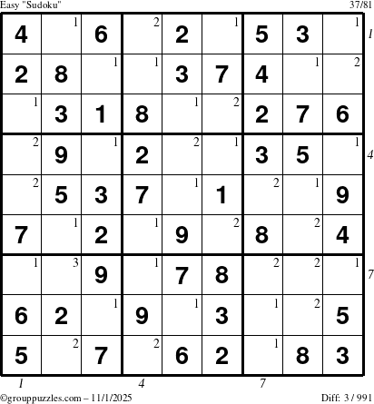 The grouppuzzles.com Easy Sudoku puzzle for Saturday November 1, 2025, suitable for printing, with all 3 steps marked