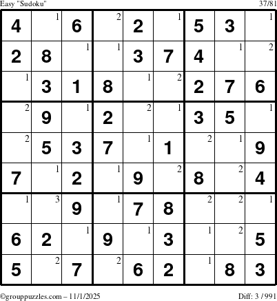 The grouppuzzles.com Easy Sudoku puzzle for Saturday November 1, 2025 with the first 3 steps marked