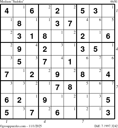 The grouppuzzles.com Medium Sudoku puzzle for Saturday November 1, 2025 with all 7 steps marked