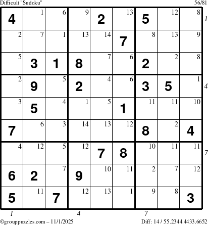 The grouppuzzles.com Difficult Sudoku puzzle for Saturday November 1, 2025, suitable for printing, with all 14 steps marked