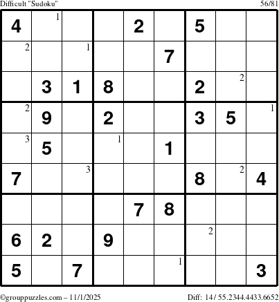 The grouppuzzles.com Difficult Sudoku puzzle for Saturday November 1, 2025 with the first 3 steps marked