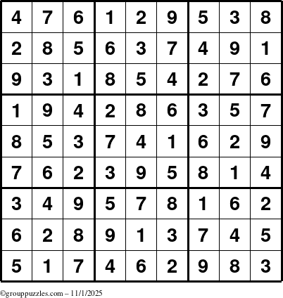 The grouppuzzles.com Answer grid for the Sudoku puzzle for Saturday November 1, 2025