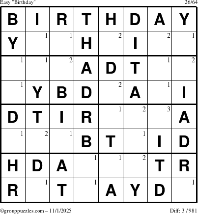 The grouppuzzles.com Easy Birthday puzzle for Saturday November 1, 2025 with the first 3 steps marked