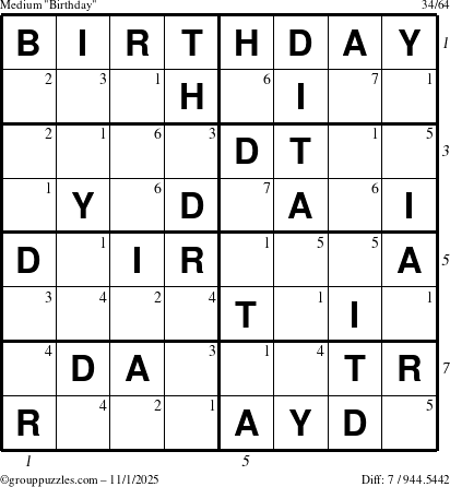 The grouppuzzles.com Medium Birthday puzzle for Saturday November 1, 2025, suitable for printing, with all 7 steps marked