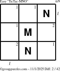 The grouppuzzles.com Easy TicTac-MNO puzzle for Saturday November 1, 2025, suitable for printing, with all 2 steps marked