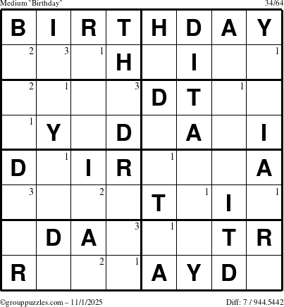 The grouppuzzles.com Medium Birthday puzzle for Saturday November 1, 2025 with the first 3 steps marked