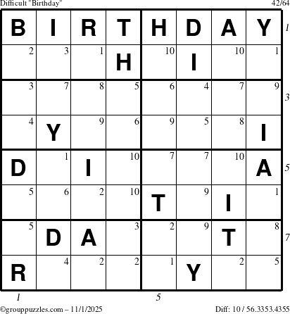 The grouppuzzles.com Difficult Birthday puzzle for Saturday November 1, 2025, suitable for printing, with all 10 steps marked