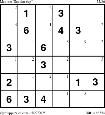The grouppuzzles.com Medium Sudoku-6up puzzle for Tuesday May 27, 2025 with the first 3 steps marked