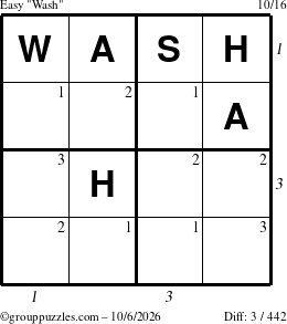 The grouppuzzles.com Easy Wash puzzle for Tuesday October 6, 2026, suitable for printing, with all 3 steps marked
