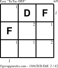 The grouppuzzles.com Easy TicTac-DEF puzzle for Tuesday October 6, 2026 with all 2 steps marked