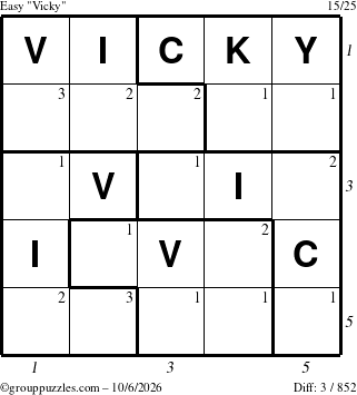 The grouppuzzles.com Easy Vicky puzzle for Tuesday October 6, 2026 with all 3 steps marked