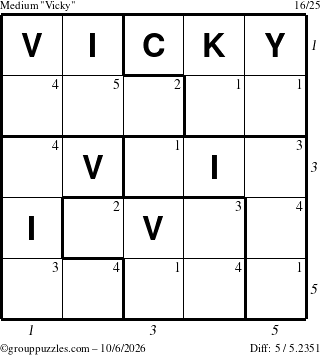 The grouppuzzles.com Medium Vicky puzzle for Tuesday October 6, 2026, suitable for printing, with all 5 steps marked