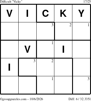 The grouppuzzles.com Difficult Vicky puzzle for Tuesday October 6, 2026 with the first 3 steps marked