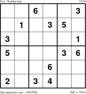 The grouppuzzles.com Easy Sudoku-6up puzzle for Tuesday October 6, 2026