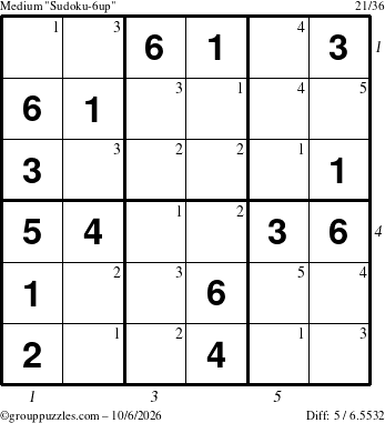The grouppuzzles.com Medium Sudoku-6up puzzle for Tuesday October 6, 2026 with all 5 steps marked