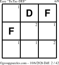 The grouppuzzles.com Easy TicTac-DEF puzzle for Tuesday October 6, 2026 with the first 2 steps marked