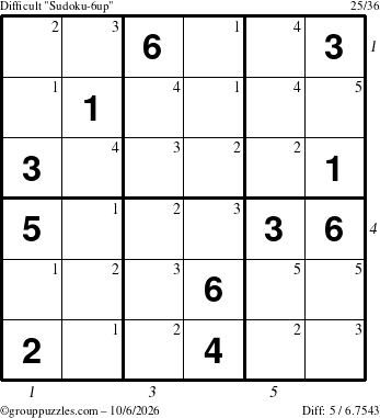 The grouppuzzles.com Difficult Sudoku-6up puzzle for Tuesday October 6, 2026, suitable for printing, with all 5 steps marked