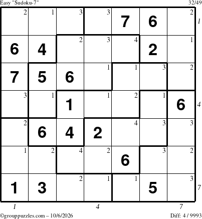 The grouppuzzles.com Easy Sudoku-7 puzzle for Tuesday October 6, 2026, suitable for printing, with all 4 steps marked