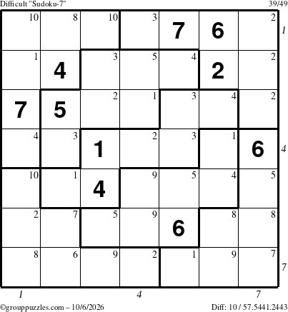 The grouppuzzles.com Difficult Sudoku-7 puzzle for Tuesday October 6, 2026 with all 10 steps marked