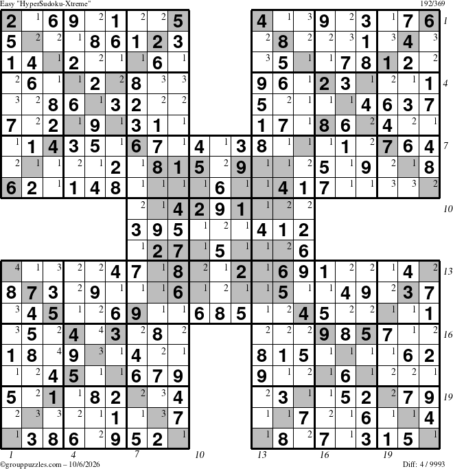 The grouppuzzles.com Easy HyperSudoku-Xtreme puzzle for Tuesday October 6, 2026 with all 4 steps marked