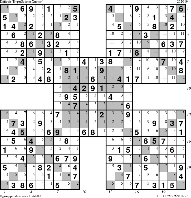 The grouppuzzles.com Difficult HyperSudoku-Xtreme puzzle for Tuesday October 6, 2026, suitable for printing, with all 11 steps marked
