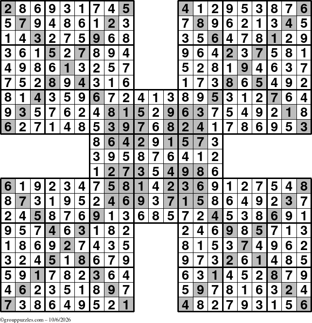 The grouppuzzles.com Answer grid for the HyperSudoku-Xtreme puzzle for Tuesday October 6, 2026