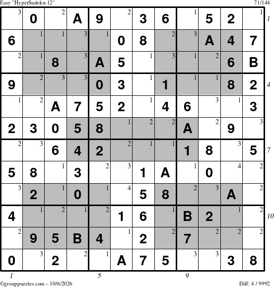 The grouppuzzles.com Easy HyperSudoku-12 puzzle for Tuesday October 6, 2026, suitable for printing, with all 4 steps marked