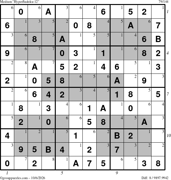 The grouppuzzles.com Medium HyperSudoku-12 puzzle for Tuesday October 6, 2026, suitable for printing, with all 8 steps marked