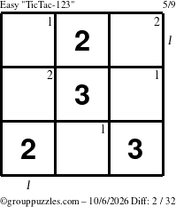 The grouppuzzles.com Easy TicTac-123 puzzle for Tuesday October 6, 2026, suitable for printing, with all 2 steps marked