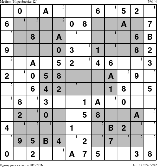 The grouppuzzles.com Medium HyperSudoku-12 puzzle for Tuesday October 6, 2026 with the first 3 steps marked