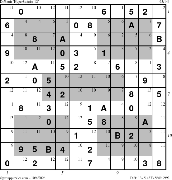 The grouppuzzles.com Difficult HyperSudoku-12 puzzle for Tuesday October 6, 2026, suitable for printing, with all 13 steps marked